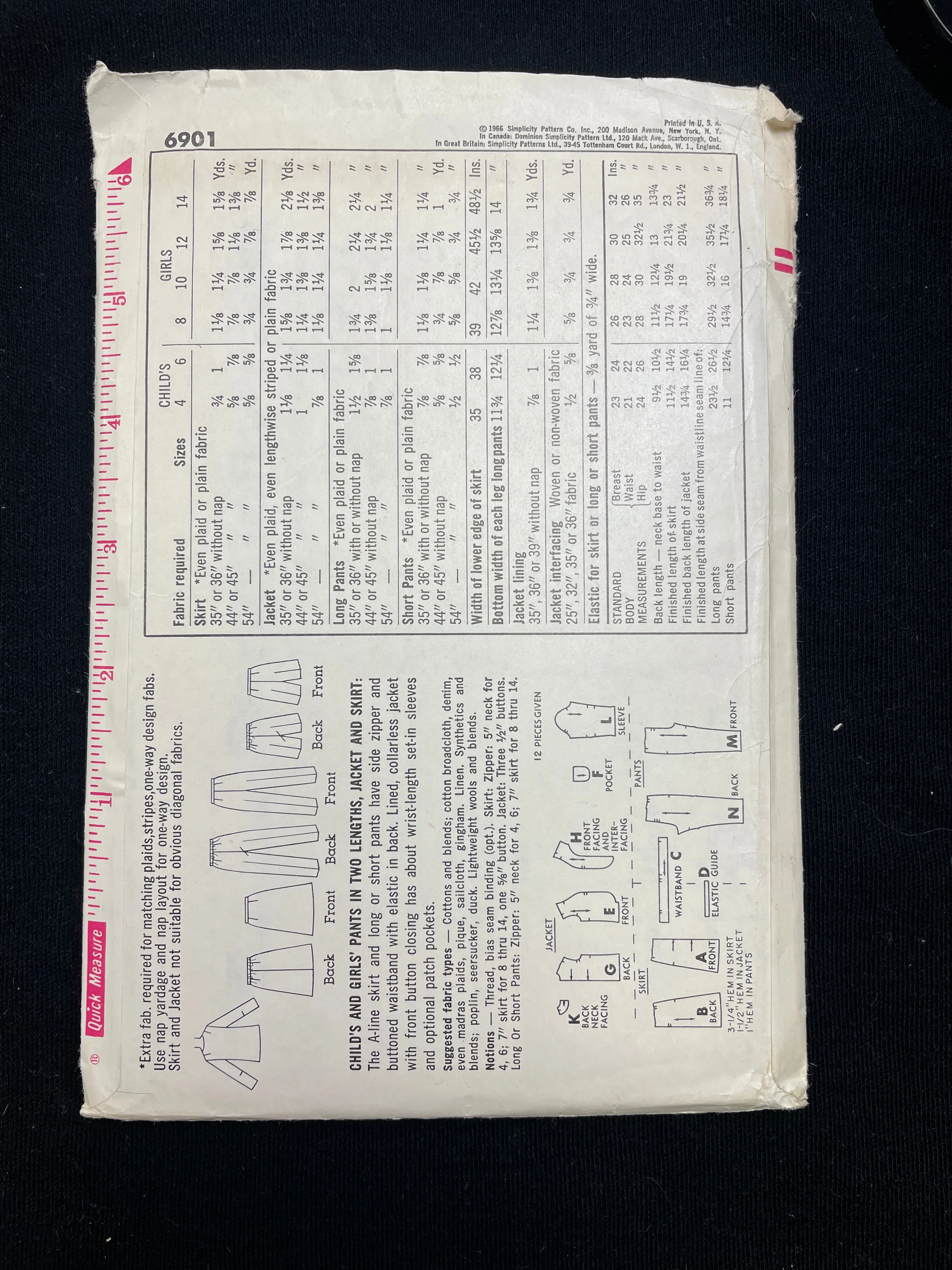 1966 Simplicity 6901 Sewing Pattern - Child's Pants, Shorts, Jacket and Skirt