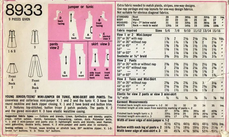 70s RETRO Mini-Jumper or Tunic, Mini-Skirt and Pants Pattern SIMPLICITY 8933 Bust 29 Vintage Sewing Pattern UNCUT