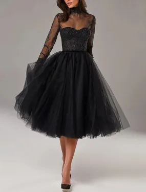 A-Line Cocktail Dresses Vintage Dress Homecoming Knee Length Long Sleeve High Neck Wednesday Addams Family Tulle with Pleats Pure Color