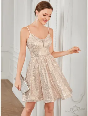 A-Line Homecoming Dresses Vintage Dress Homecoming Short / Mini Sleeveless V Neck Sequined with Glitter