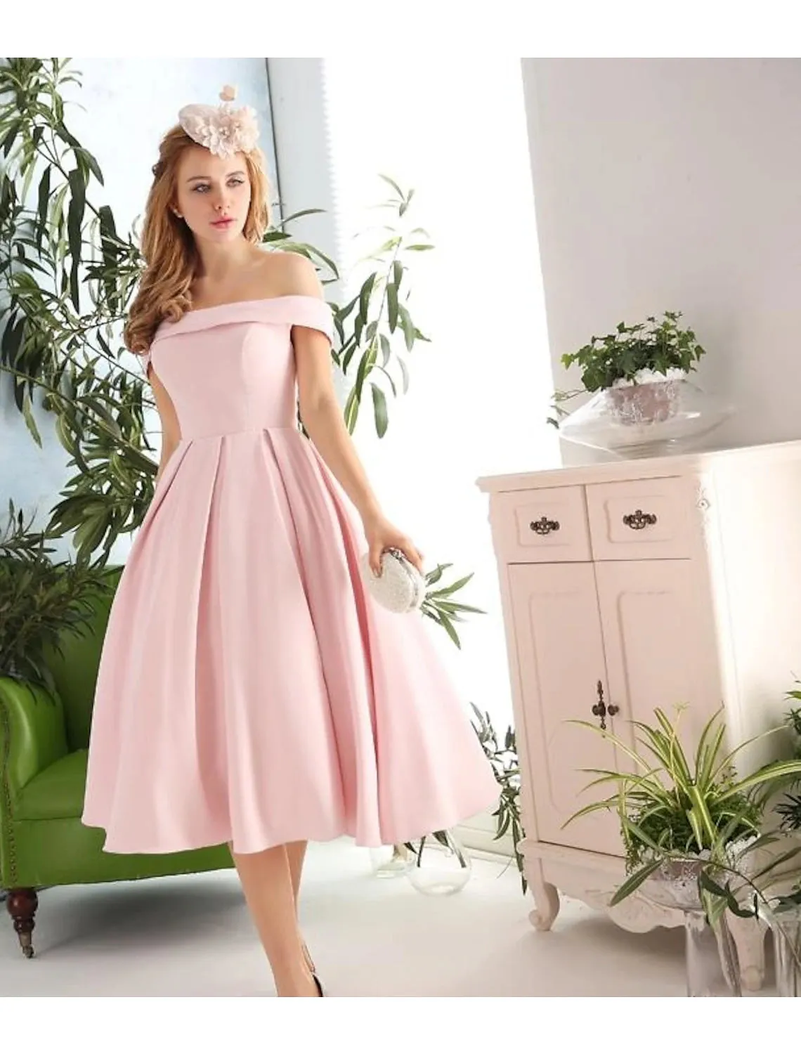 Aimishang  A-Line Cocktail Dresses Vintage Dress Engagement Tea Length Sleeveless Off Shoulder Stretch Fabric with Pleats