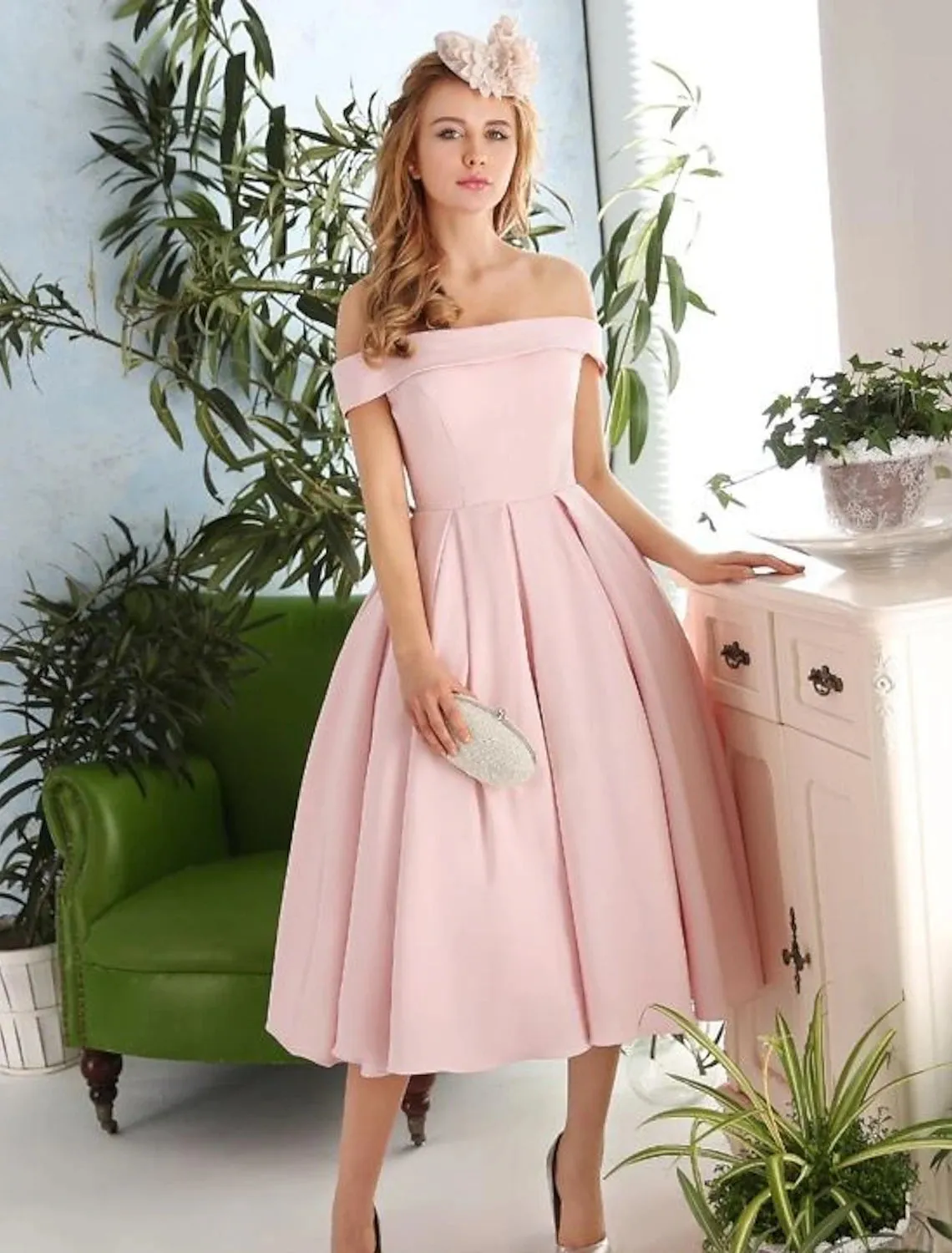 Aimishang  A-Line Cocktail Dresses Vintage Dress Engagement Tea Length Sleeveless Off Shoulder Stretch Fabric with Pleats