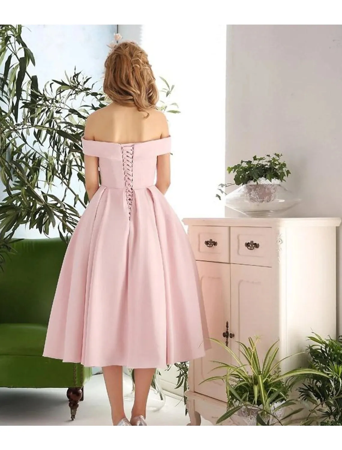 Aimishang  A-Line Cocktail Dresses Vintage Dress Engagement Tea Length Sleeveless Off Shoulder Stretch Fabric with Pleats