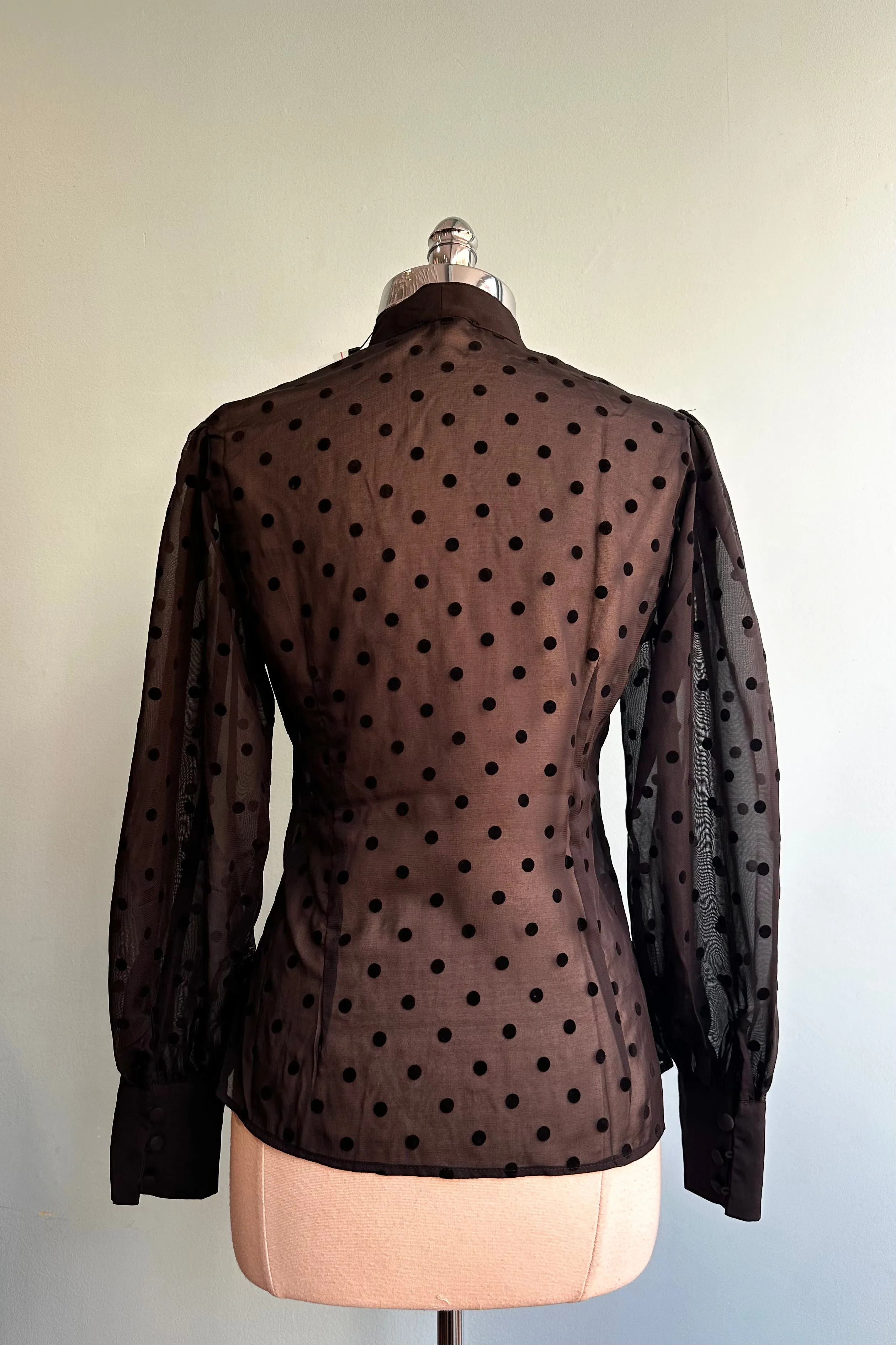 Black Flocked Dot Crepe Tie-Neck Blouse