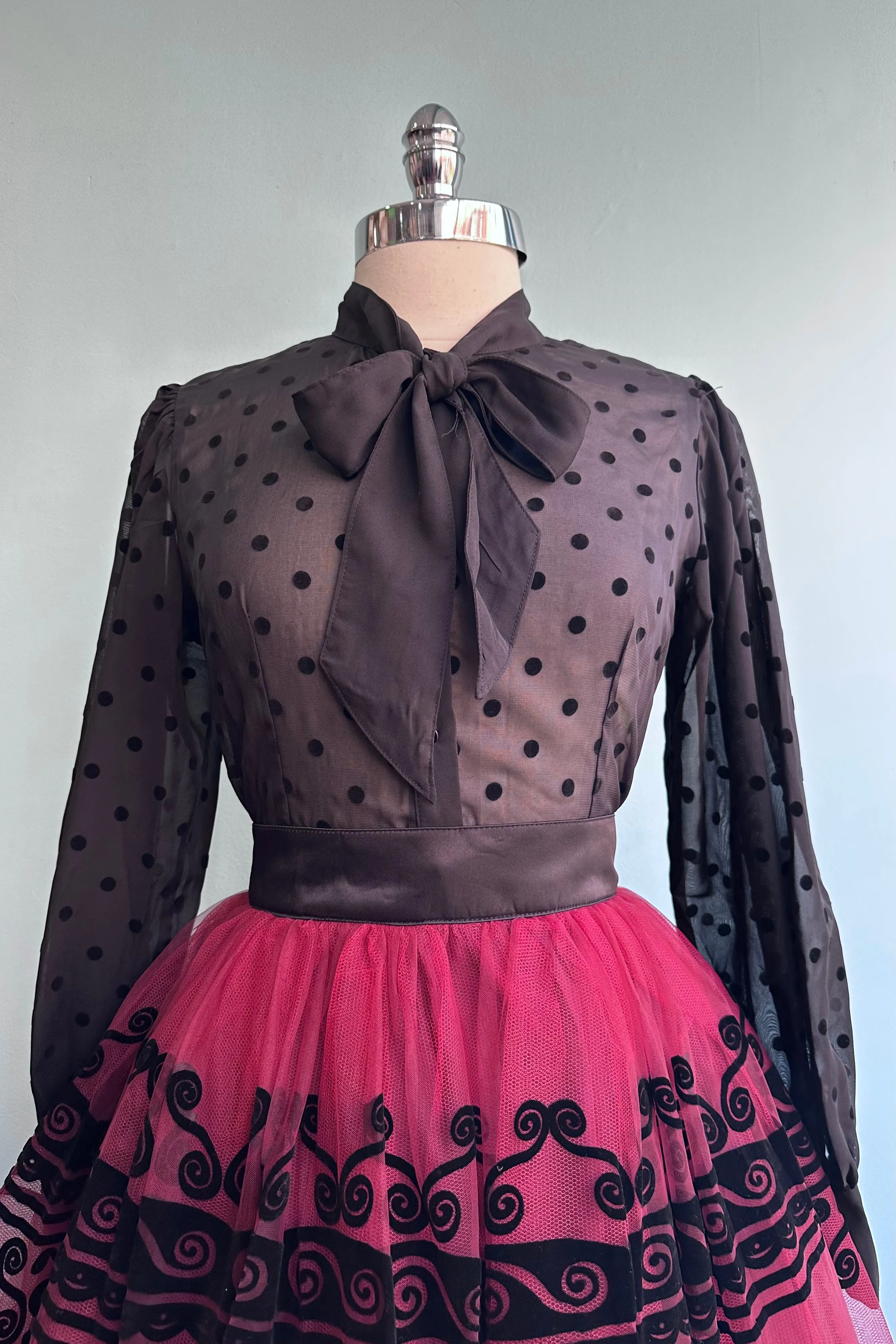 Black Flocked Dot Crepe Tie-Neck Blouse