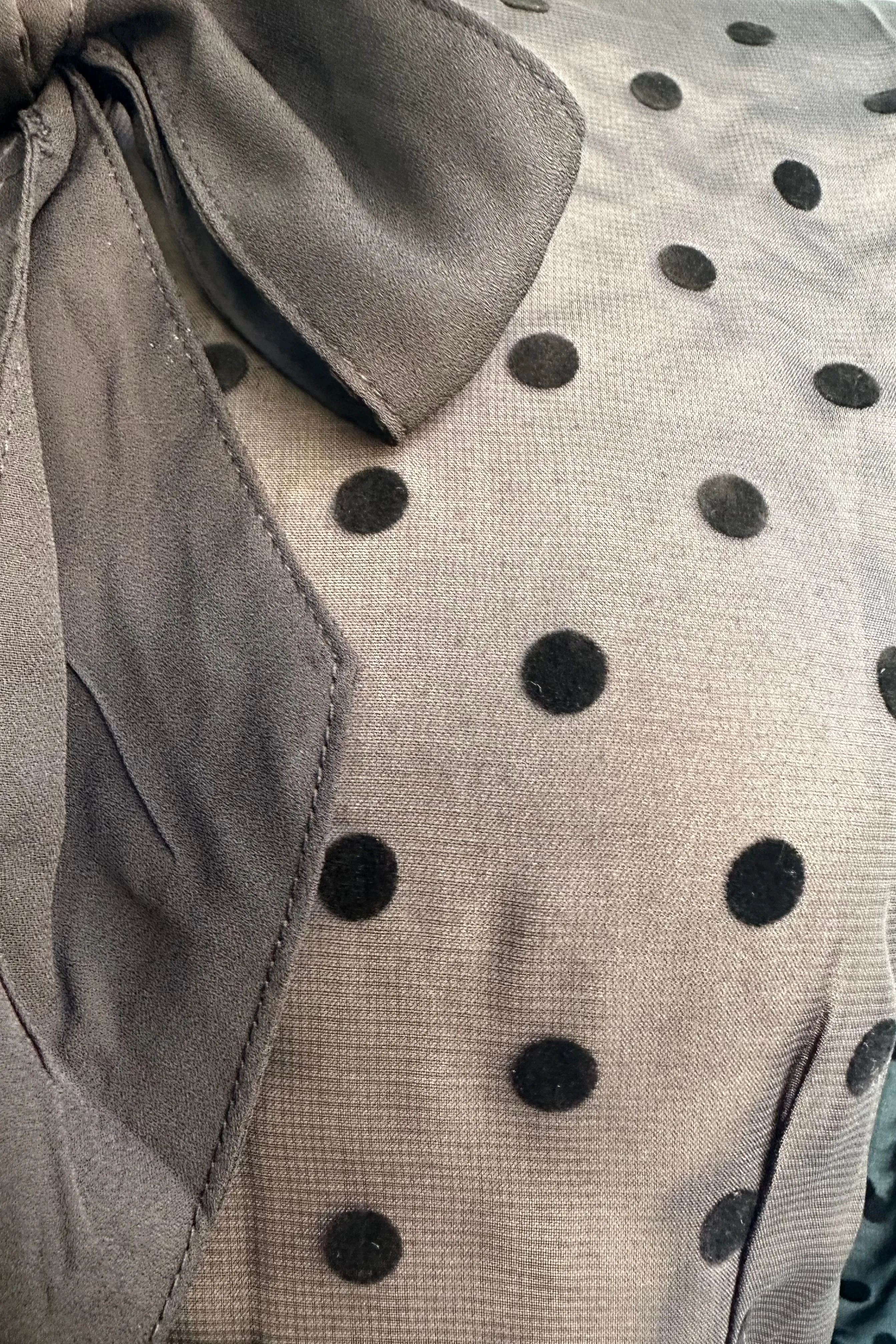 Black Flocked Dot Crepe Tie-Neck Blouse