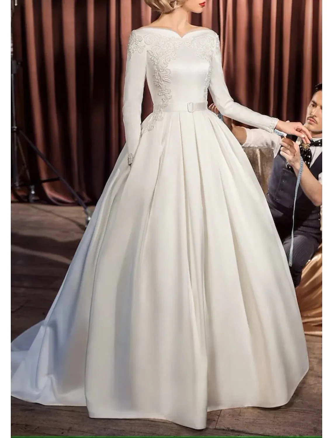 Engagement Vintage 1940s / 1950s Formal Fall Wedding Dresses Ball Gown Off Shoulder Long Sleeve Court Train Satin Bridal Gowns With Sash / Ribbon Appliques Summer Wedding Party, Women__ Clothing