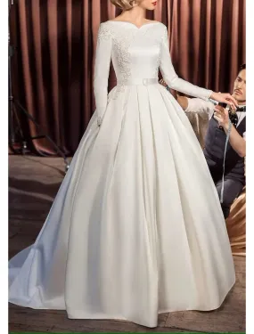 Engagement Vintage 1940s / 1950s Formal Fall Wedding Dresses Ball Gown Off Shoulder Long Sleeve Court Train Satin Bridal Gowns With Sash / Ribbon Appliques Summer Wedding Party, Women__ Clothing