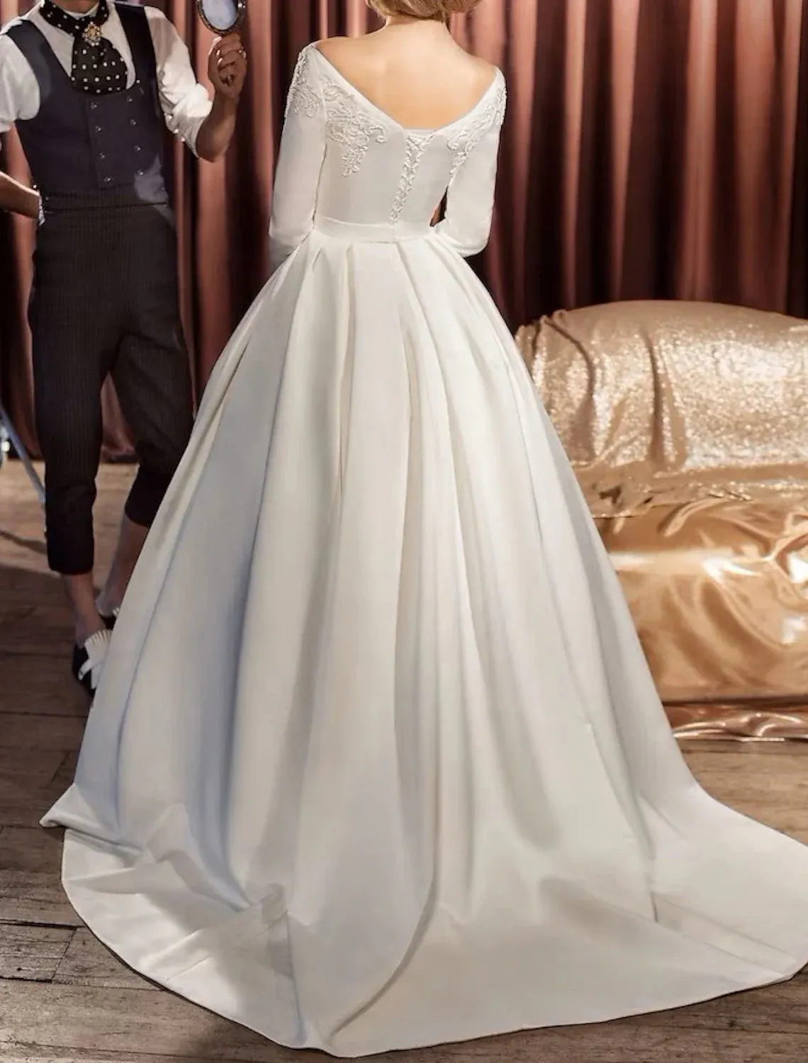 Engagement Vintage 1940s / 1950s Formal Fall Wedding Dresses Ball Gown Off Shoulder Long Sleeve Court Train Satin Bridal Gowns With Sash / Ribbon Appliques Summer Wedding Party, Women__ Clothing