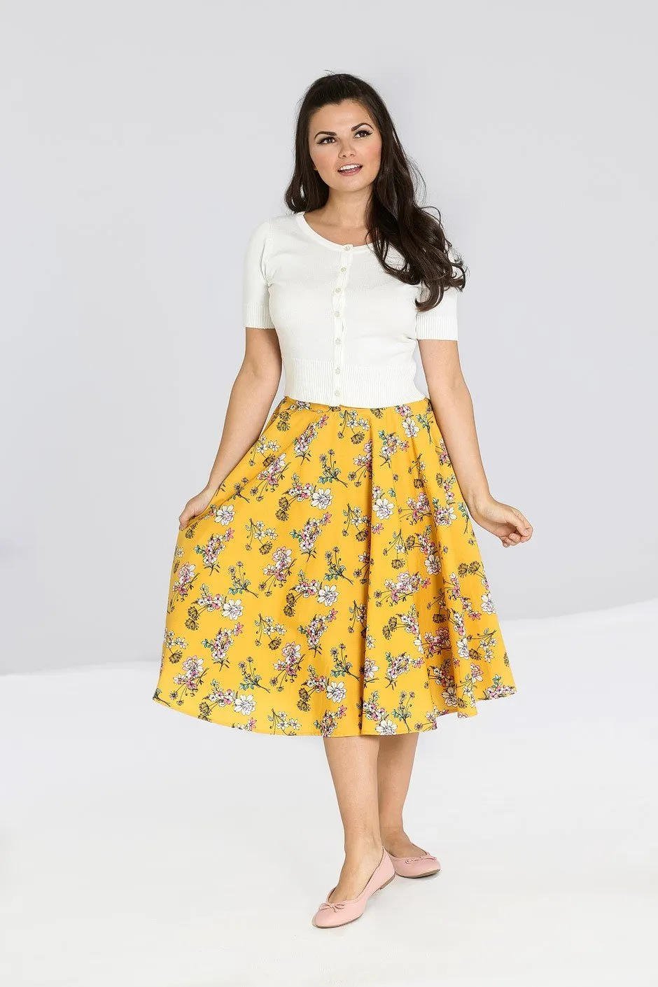 Hell Bunny Summer Vintage Garden Muriel Mustard Yellow 50's Skirt with Pockets