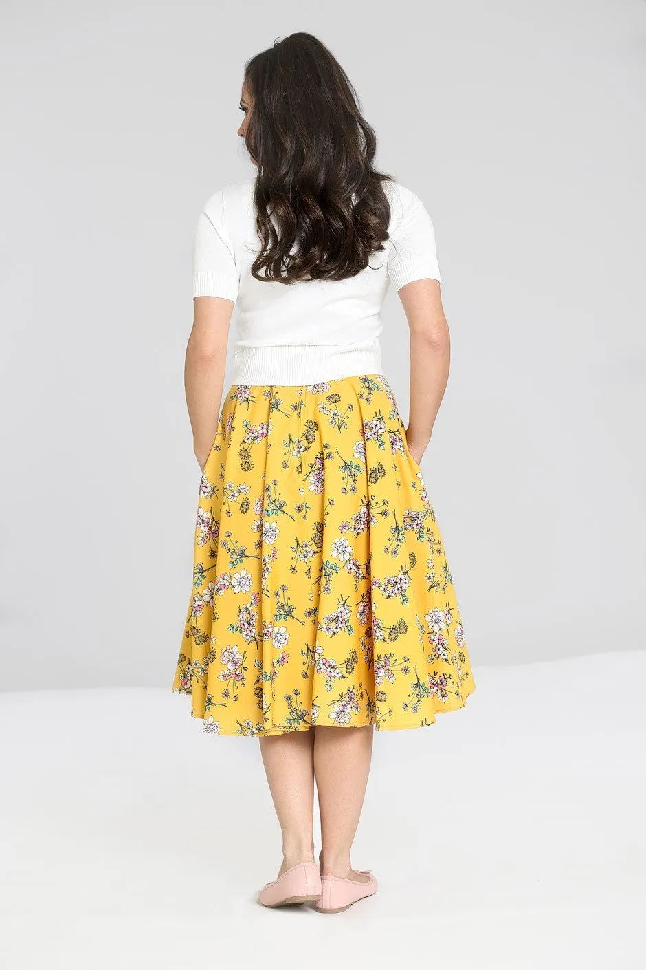 Hell Bunny Summer Vintage Garden Muriel Mustard Yellow 50's Skirt with Pockets