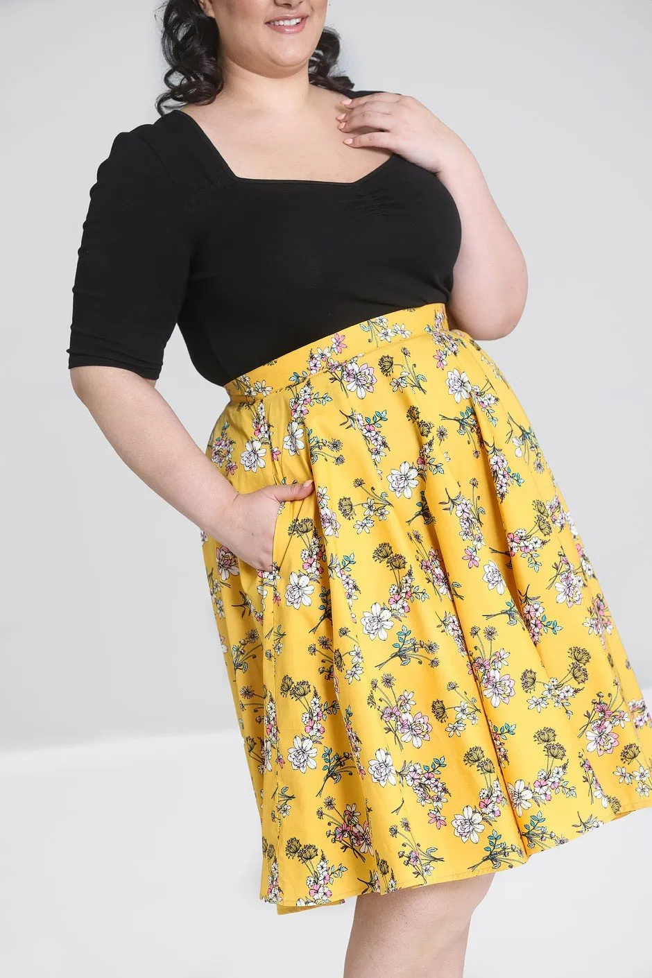 Hell Bunny Summer Vintage Garden Muriel Mustard Yellow 50's Skirt with Pockets