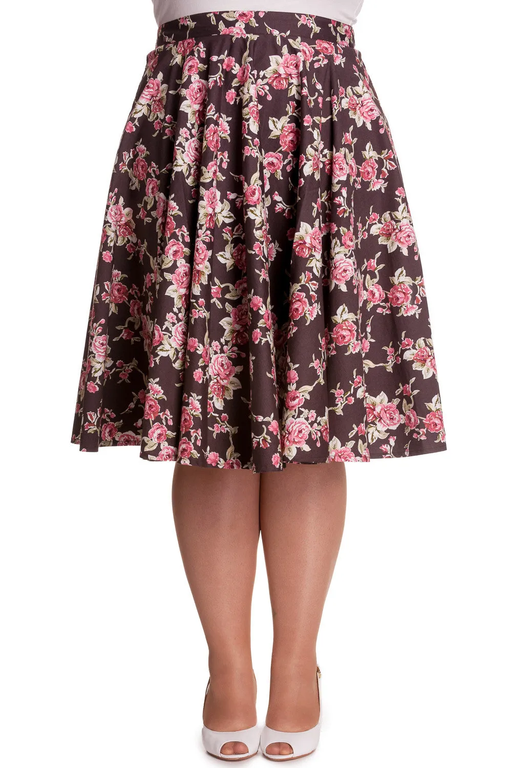 Hell Bunny Vintage Style Romantic Western Pink Roses Brown Flare Swing Skirt