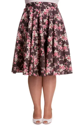 Hell Bunny Vintage Style Romantic Western Pink Roses Brown Flare Swing Skirt