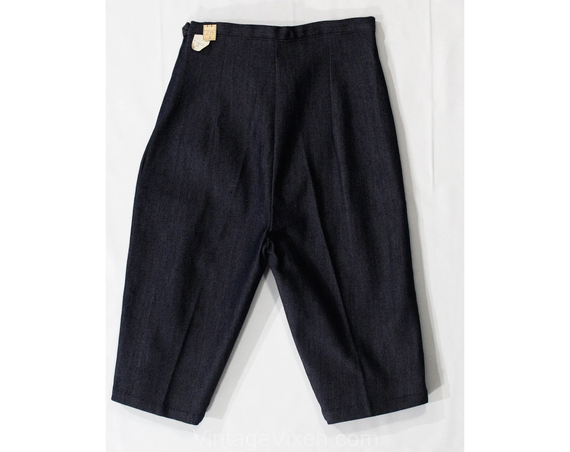 Size 0 Denim Short Pants - XXS 1950s Bermuda Length Clam Diggers - 50s 60s Dark Blue Stretch Cotton - Pin Up Girl NWT Deadstock - Waist 23