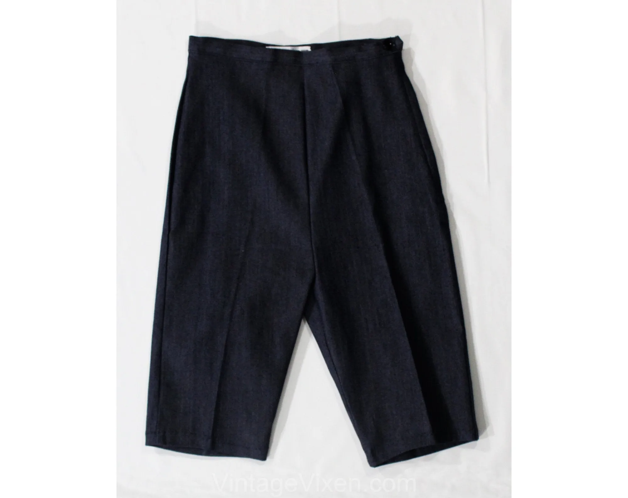 Size 0 Denim Short Pants - XXS 1950s Bermuda Length Clam Diggers - 50s 60s Dark Blue Stretch Cotton - Pin Up Girl NWT Deadstock - Waist 23
