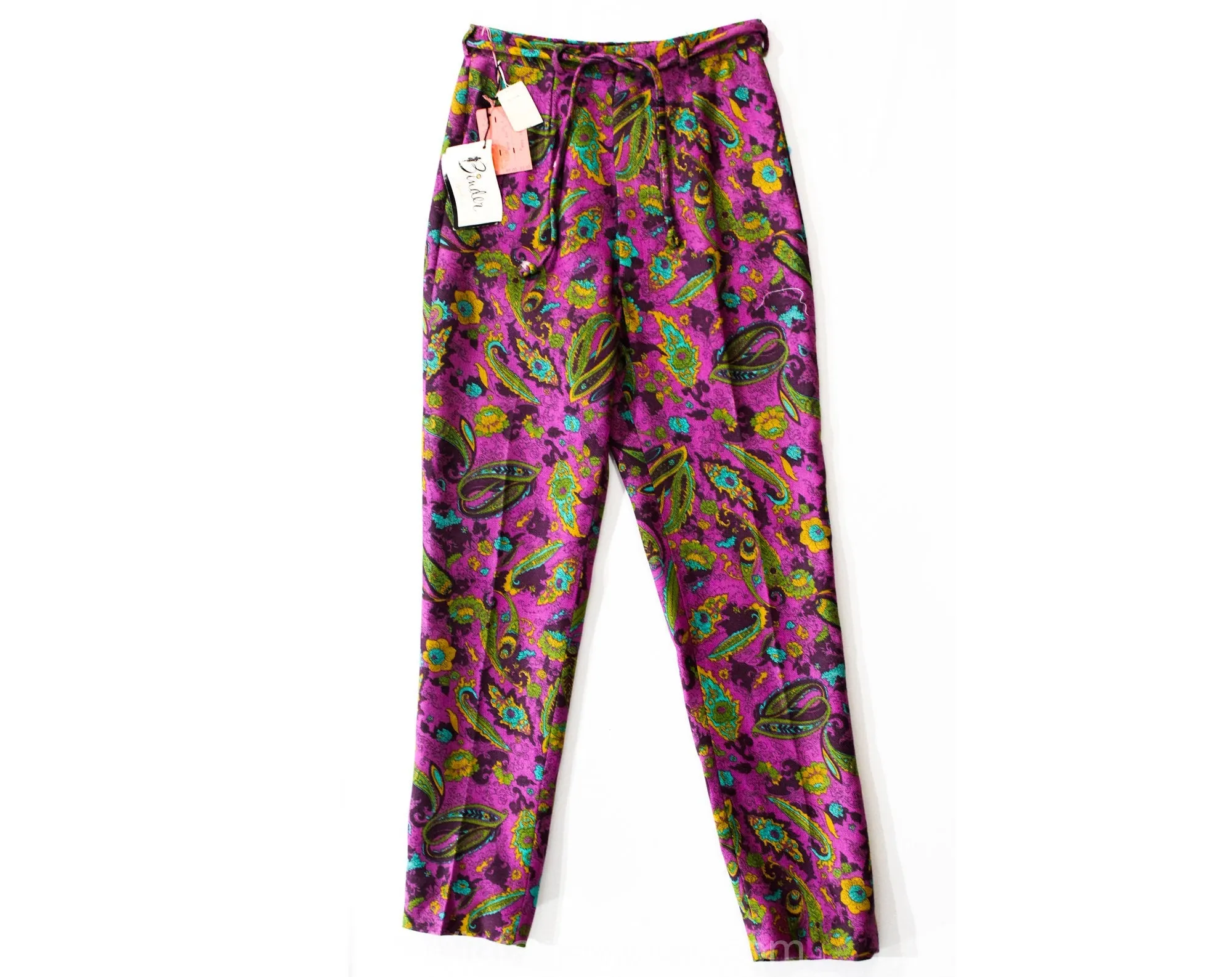Size 2 Paisley Pants - XS 1960s Purple Tailored Slim Cigarette Pants - Linen Look - 60s Turquoise Blue, Olive Green, Mustard - Waist 24.5