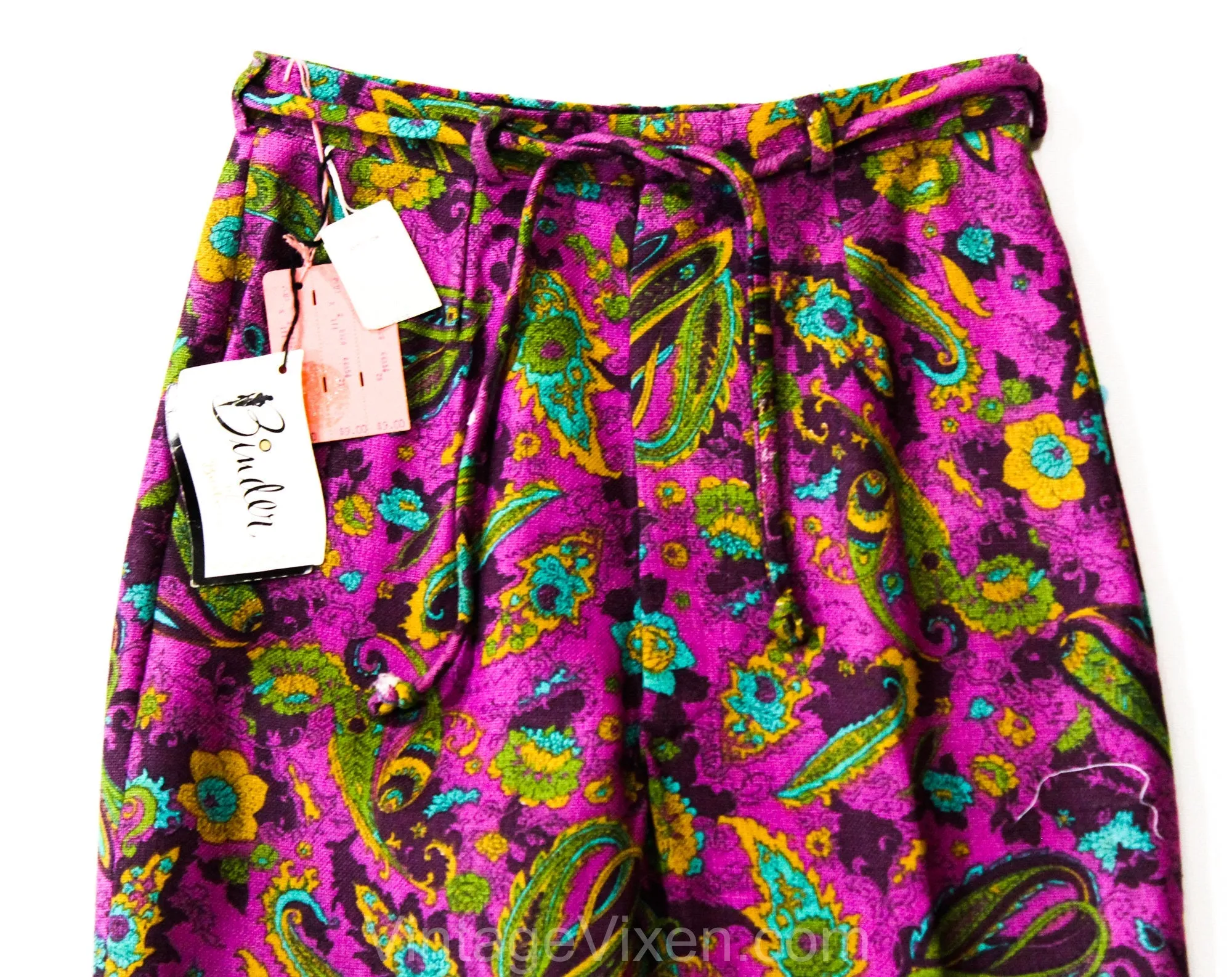 Size 2 Paisley Pants - XS 1960s Purple Tailored Slim Cigarette Pants - Linen Look - 60s Turquoise Blue, Olive Green, Mustard - Waist 24.5