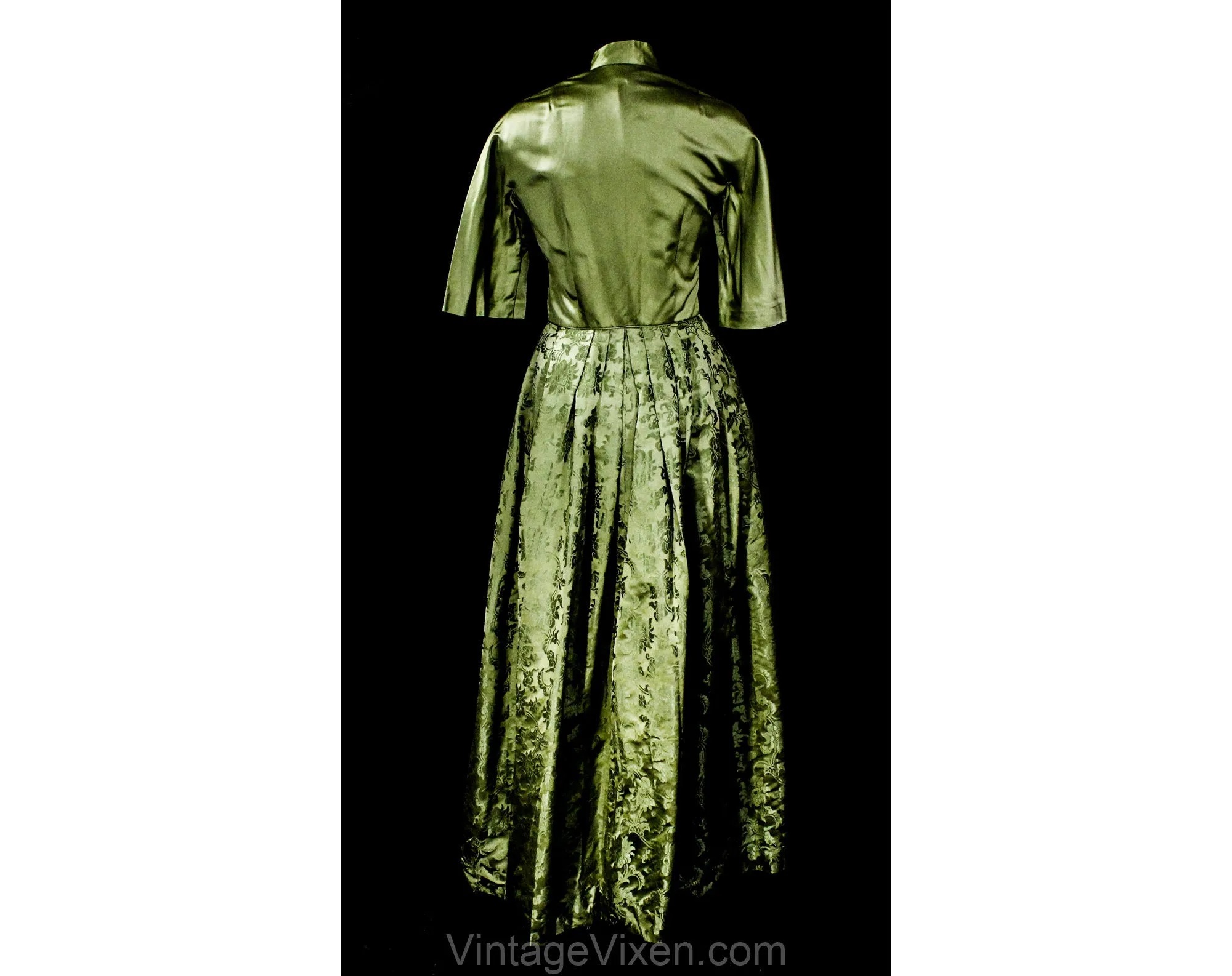 Size 4 1950s Hostess Jacket & Pant Set - Amazing Grand Dame 50s Asian Formal Ensemble - Sage Green Silk Satin - Mandarin Collar - Waist 25