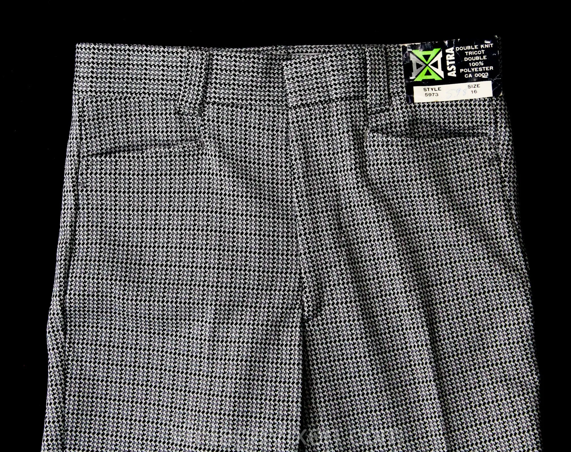 Teen Size 14 Gray Polyester 1960s Pants - Teenage Boys 60s Mod Trouser - Late 60s 70s Deadstock Houndstooth Double Knit - Waist 26 Inseam 29