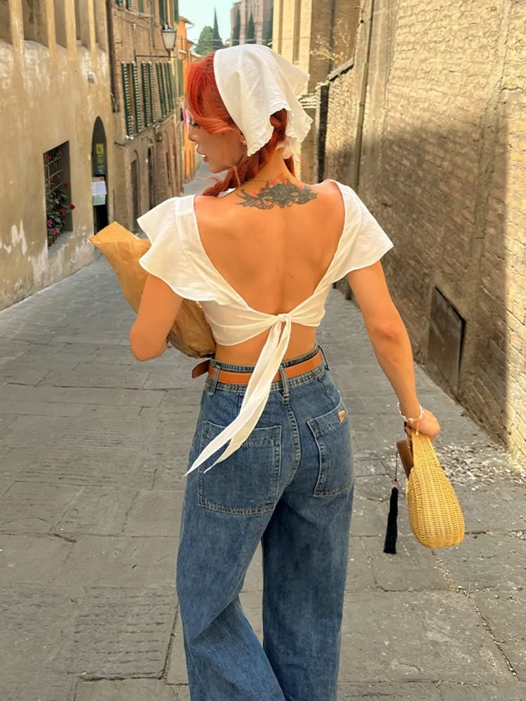 Vintage White Hollowed-out Cropped Top