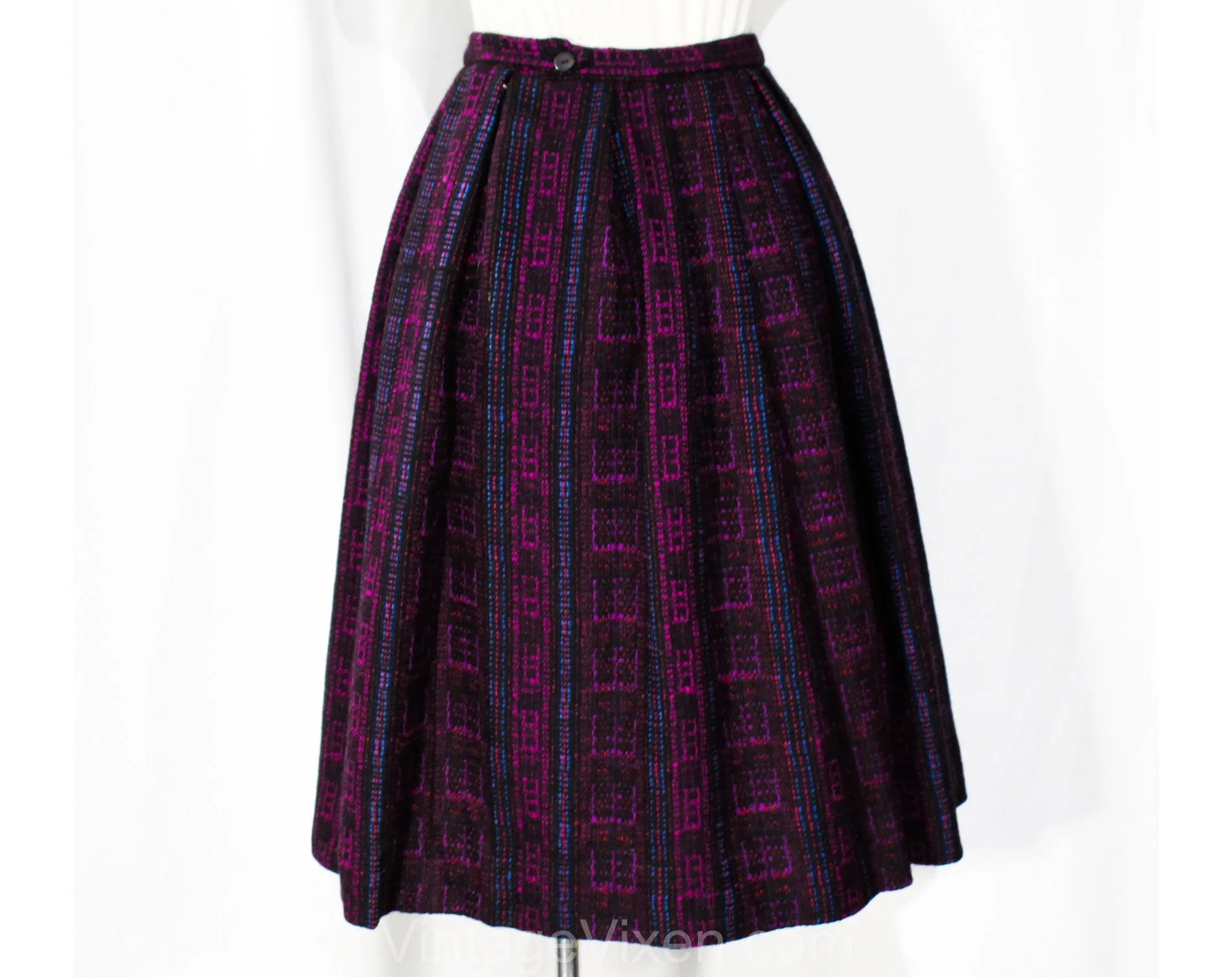 XXS 1950s Pleated Skirt - Folk Style Purple Red & Black Tweedy Wool Stripes - Size 2 Winter Full Skirt - 50s 60s Deadstock - Waist to 24