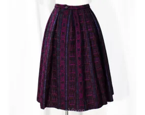 XXS 1950s Pleated Skirt - Folk Style Purple Red & Black Tweedy Wool Stripes - Size 2 Winter Full Skirt - 50s 60s Deadstock - Waist to 24