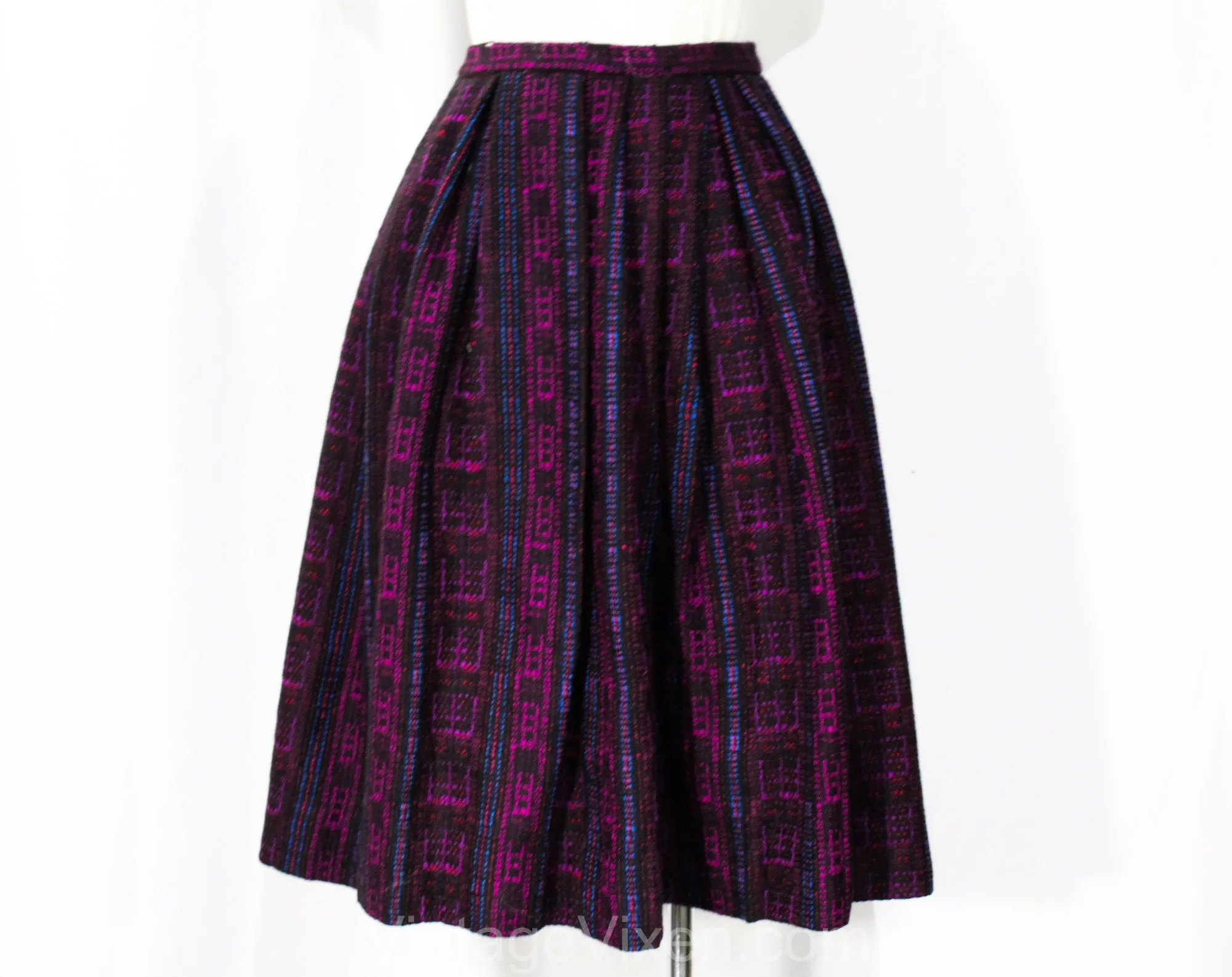 XXS 1950s Pleated Skirt - Folk Style Purple Red & Black Tweedy Wool Stripes - Size 2 Winter Full Skirt - 50s 60s Deadstock - Waist to 24